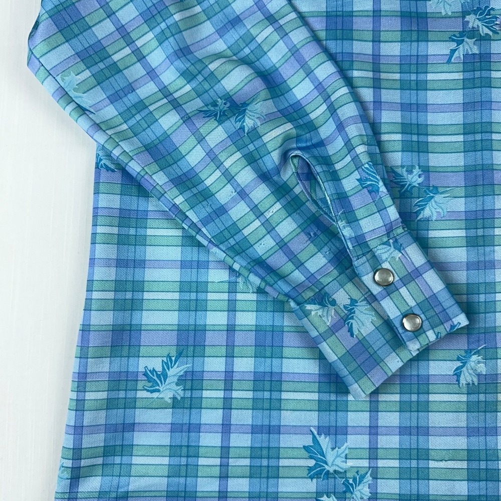 Vintage 70s Blue Green Plaid Leaf Print Snap Button Long Sleeve Shirt - Picture 2 of 7